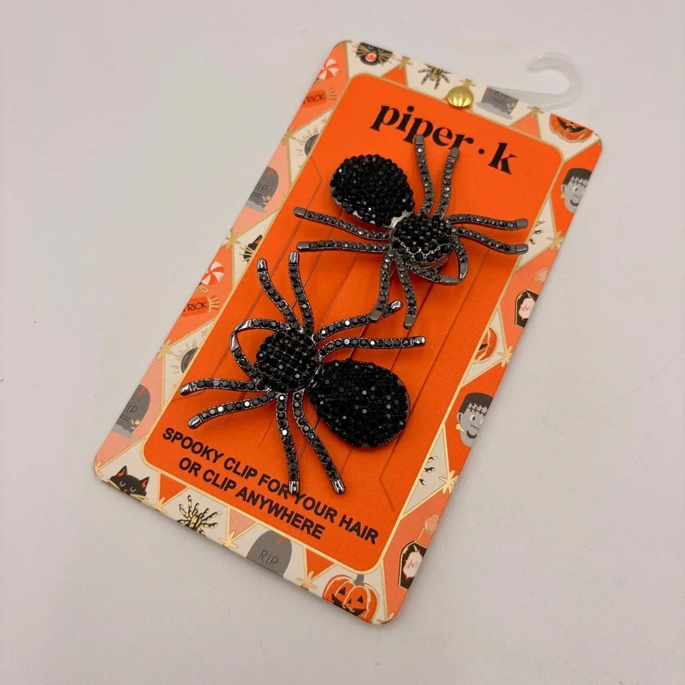 Piper K Black Rhinestone Spider Hair Clips Set of 2 Spooky Halloween Accessories